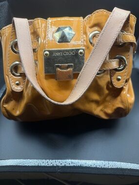 Jimmy Choo Glossy Mustard Yellow Patent Shoulder Bag with Pale Pink Straps
